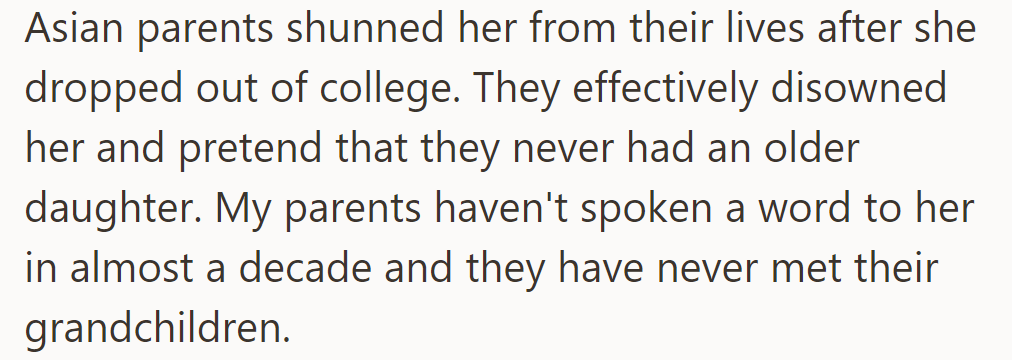 Parents disowned sister for dropping out; now they ghost her as if she’s never existed. No chat for a decade, grandkids unseen.
