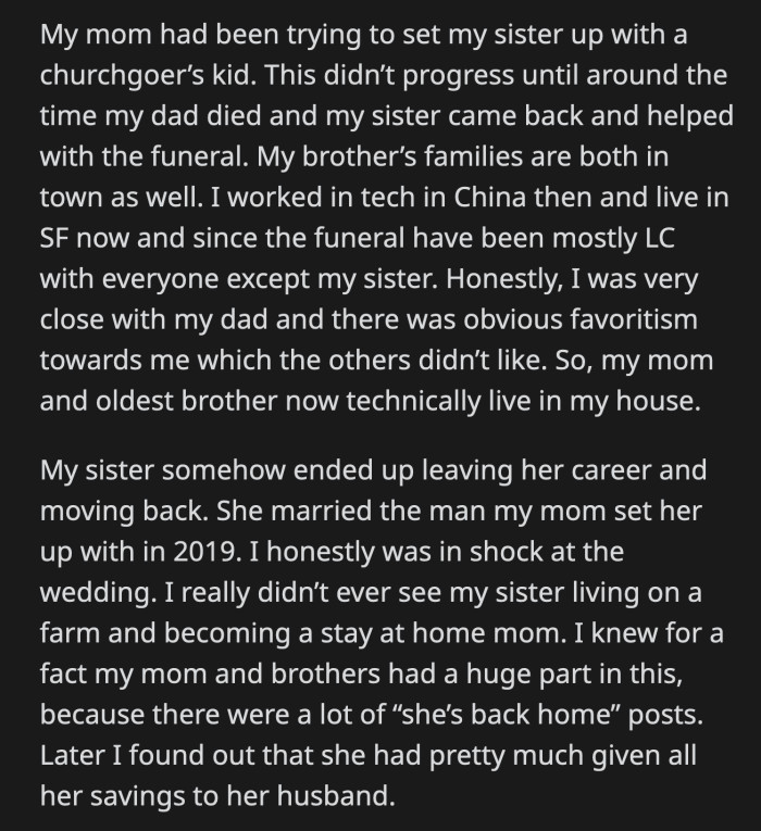 Their oldest brother even told her to stop feeling special because his wife also went through a similar thing