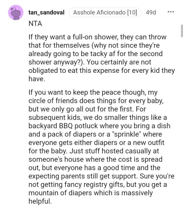 This redditor says that their circle of friends does things for the baby