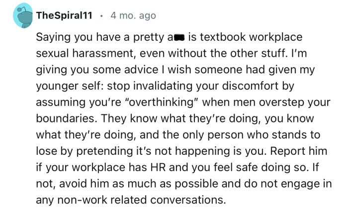 “Saying you have a pretty a** is textbook workplace sexual harassment.”