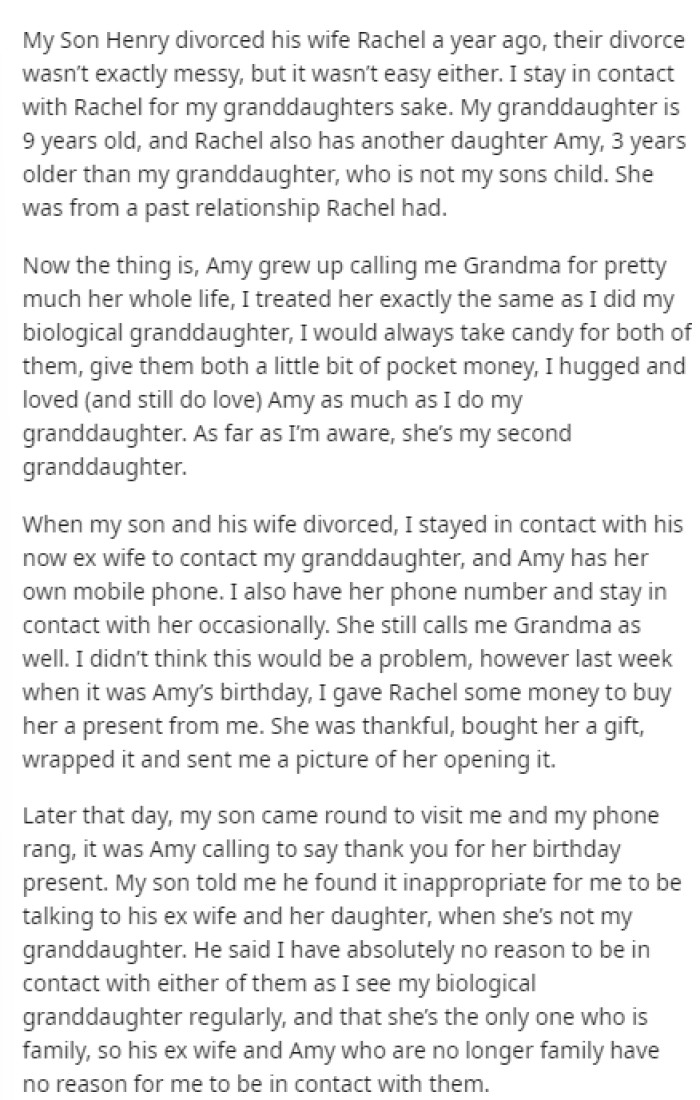 OP starts out her post by explaining the situation with her son's divorce from this woman.