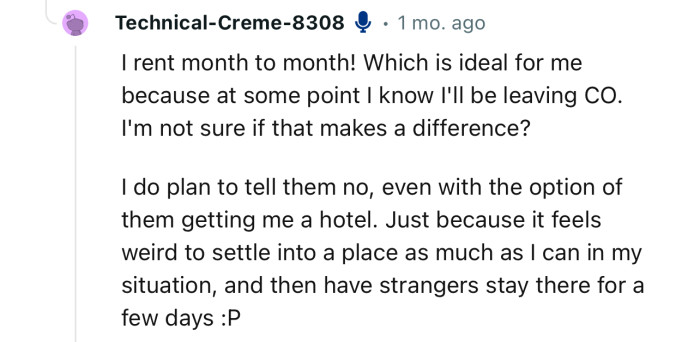 OP plans to reject their landlord’s bizarre request even if the landlord offers to pay for their hotel