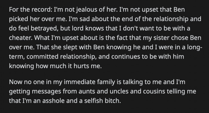 They said OP's reaction is just a manifestation of her jealousy of her sister. OP says it's not but no one in their family believes her and she is now painted as the bad guy.