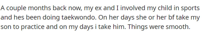 A few months ago, OP's child started practicing taekwondo, with both parents and the ex-partner's boyfriend involved in taking the child to practice on different days, and everything has been running smoothly.