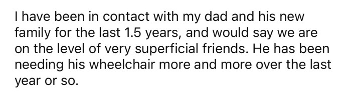 In recent years, the OP has been in contact with her father and his new family. She says they are more like 