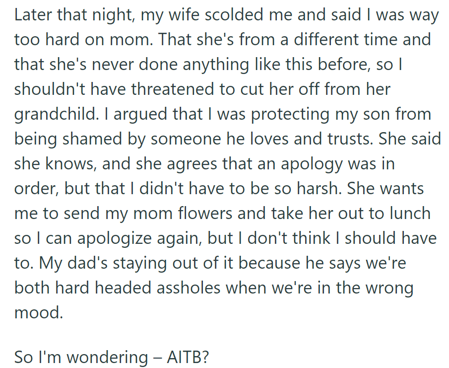 The wife criticized OP for being harsh on his mother. She suggested apologizing, while OP hesitated.