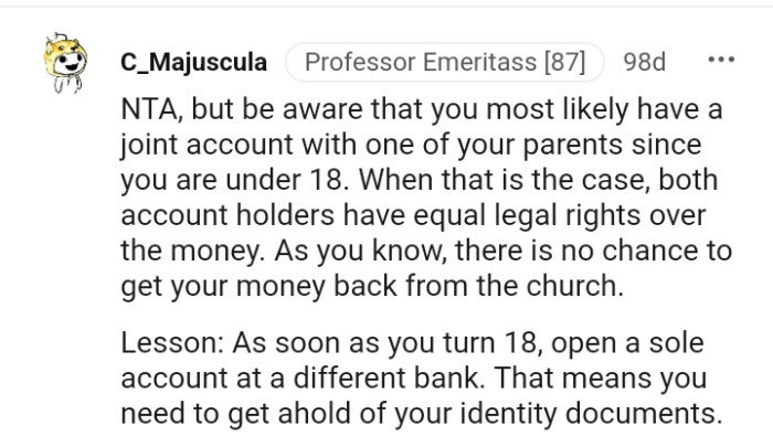 There Is No Chance of the OP Getting Her Money Back from the Church