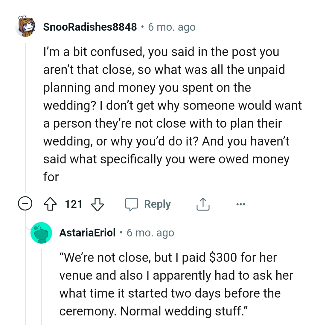 The OP revealed what they owed her