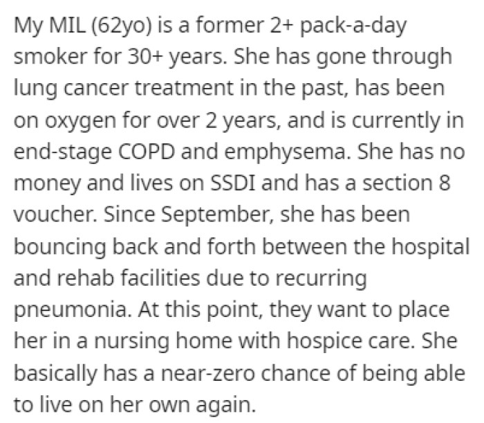 OP's mother-in-law has been through many health issues in her life, and she's been bouncing back and forth between hospitals for a while