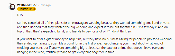 They have no business asking for people to pay for a wedding.