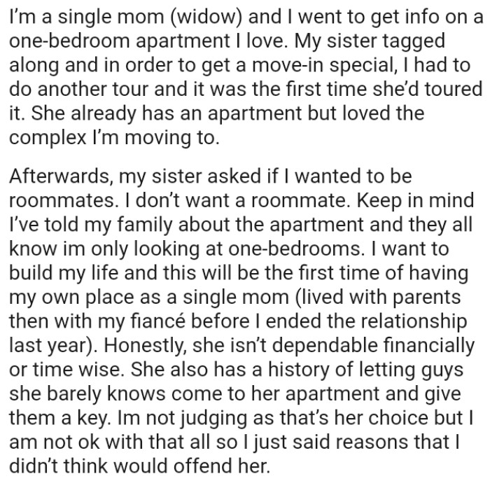 OP's sister has a history of letting guys she barely knows come to her apartment and give them a key