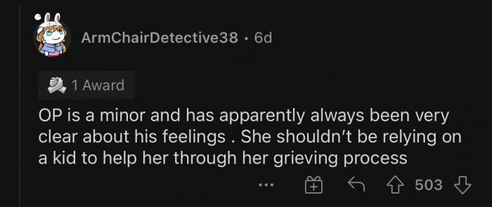 Gemma is relying on a child to guide her through the grieving process