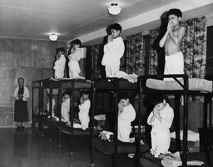 "Indigenous Children Forced To Pray To God In A Residential School Ran By The Canadian Government And Catholic Church Between 1930 And 1970, Unknown Location"