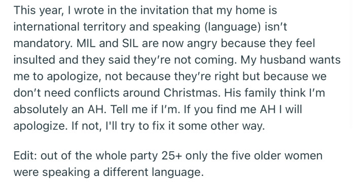OP is hosting another Christmas party at her home this year, and she has made it clear that English is not mandatory