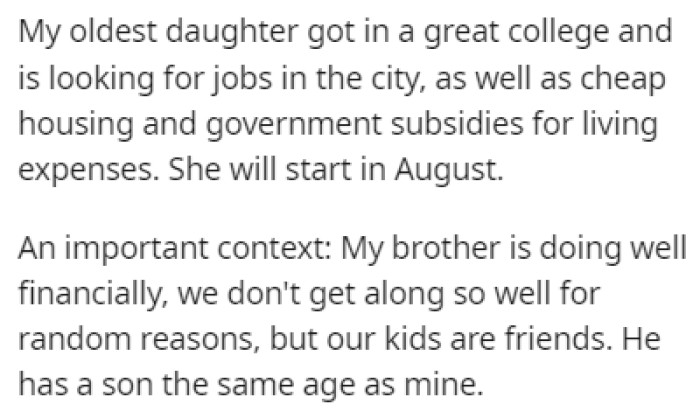 OP's oldest daughter recently got into college, and she's going to have to get a job to support herself