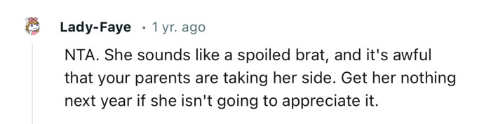 “She sounds like a spoiled brat, and it's awful that your parents are taking her side.”