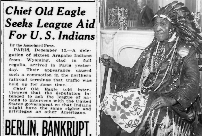 A group of sixteen Arapaho representatives, led by Chief Old Eagle, traveled to Paris to appeal directly to the League of Nations, urging it to press the United States government to grant Native Americans full U.S. citizenship.
