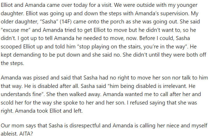 She thinks that my daughter does not show respect to her niece.