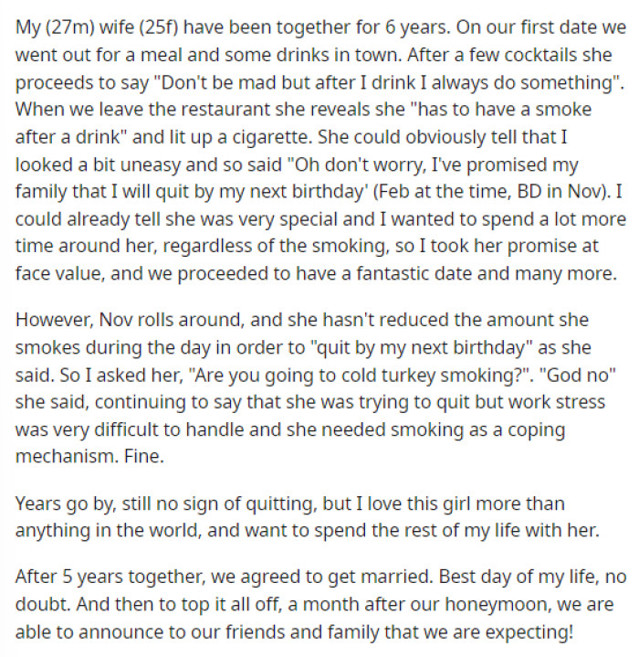OP gave us lots of backstory on the situation and on what was going on with her smoking and his thoughts on the whole thing.