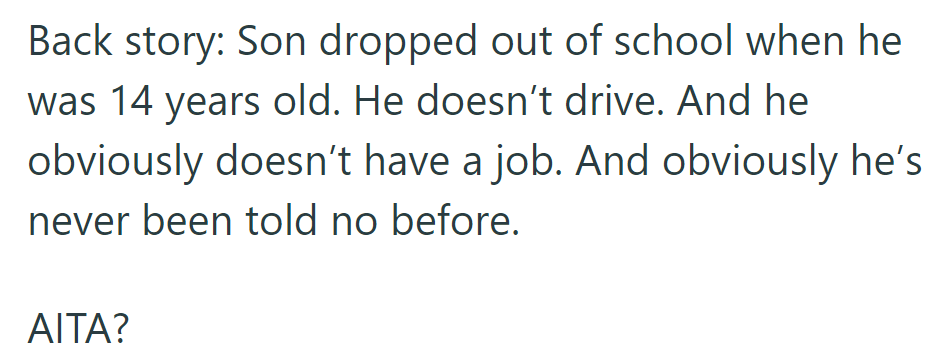 The son dropped out of school at 14, doesn't drive, and has never been told no. OP questions if she's at fault.