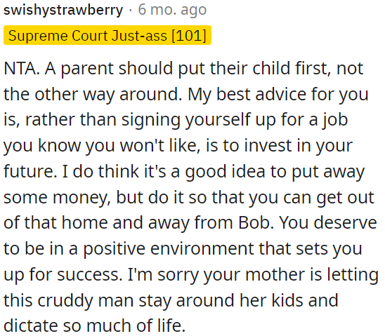 OP needs to focus on her future and financial independence.