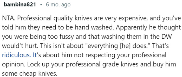 Disregarding professional knife care leads to disagreement