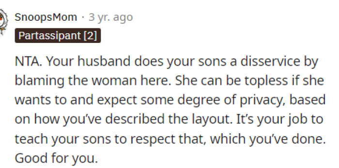 Voting NTA for this seems right because the lady can do what she wants, especially if she thinks she's out of sight and in her private area.