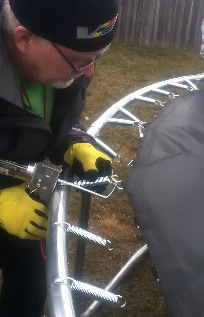 "Setting Trampoline Springs With A Caulking Gun"