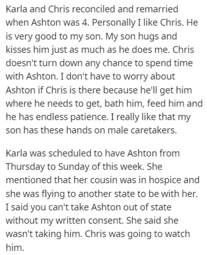 Karla and Chris got back together and OP was happy that Ashton had another good father figure in his life