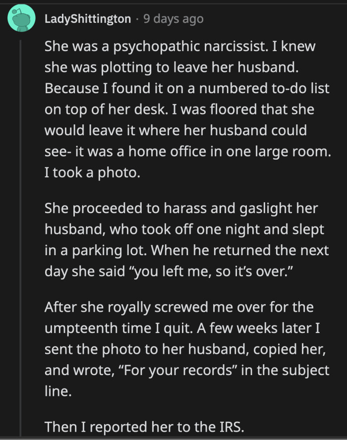 25. OP has all the receipts and her boss should have known better