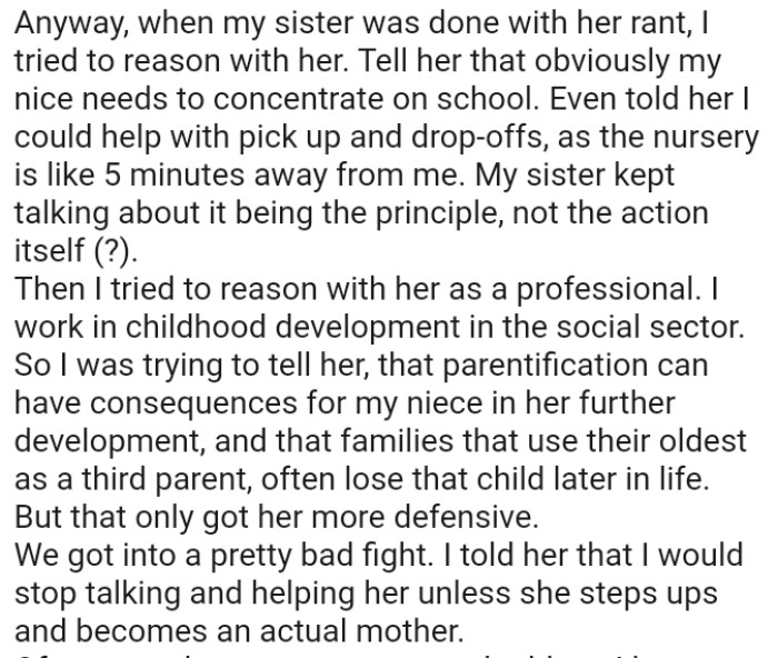 The OP tried to reason with her sister as a professional who works in childhood development in the social sector