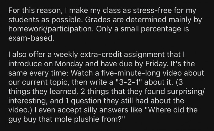 OP tries to make her class as pleasant as possible for her students.