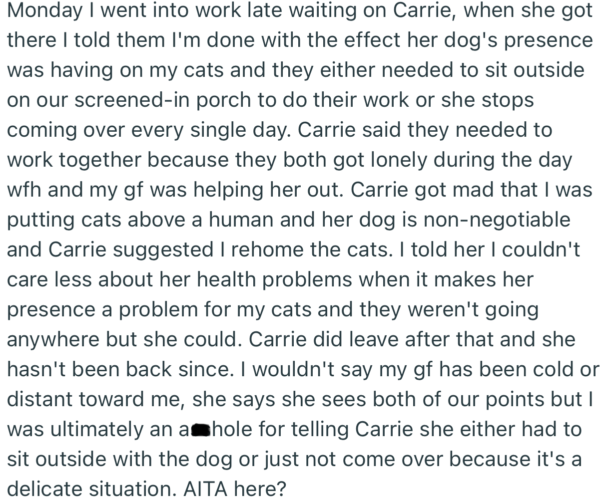 OP eventually got fed up and asked Carrie to either sit outside with her service dog or stop coming to their house completely