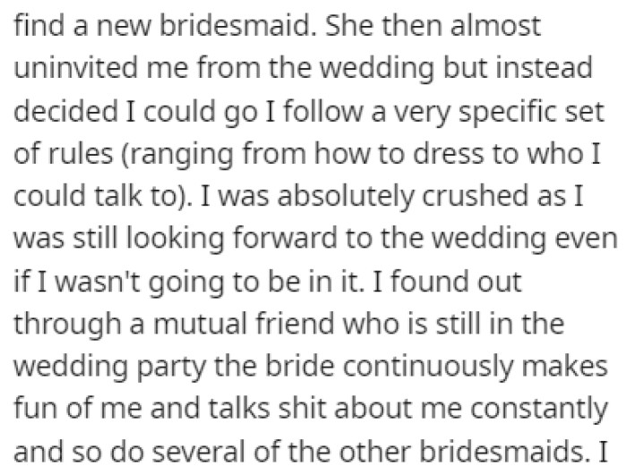 OP Complained to the Bride, and She Responded with a Set of Rules for OP to Follow at the Wedding