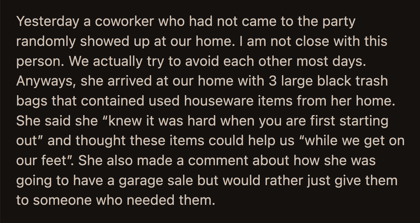 After a short back-and-forth, OP offered to take the used housewares to a local charity if her coworker couldn't.