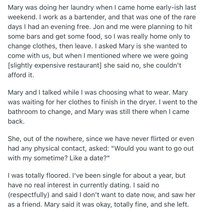Mary Asked OP Out on a Date, but OP Respectfully Declined, as She Wasn’t Ready to Start Any Romantic Relationship