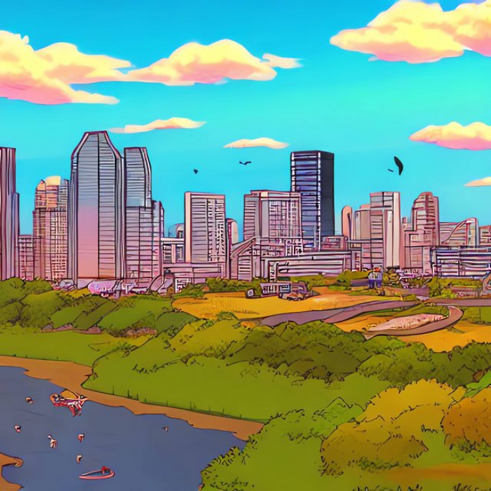 An illustration of the beautiful city of Austin, depicting skyscrapers, birds in the sky, and a few people having fun in a nearby river