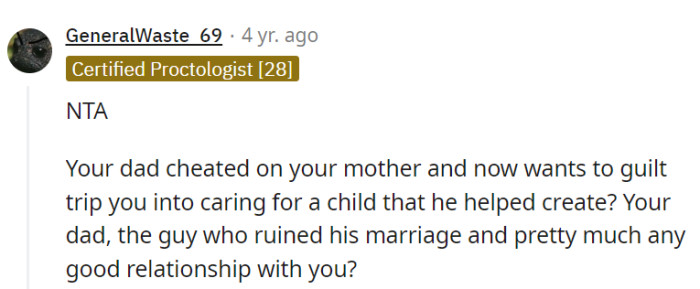 Expecting her to step in after her dad's affair-created mess is a guilt-trip too far.