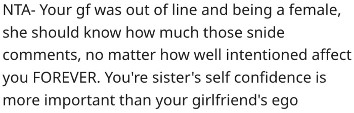 9. His girlfriend should know better about how hurtful comments affect females.