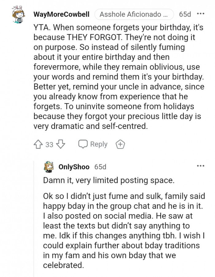 Uninviting someone because they forgot your precious little day.