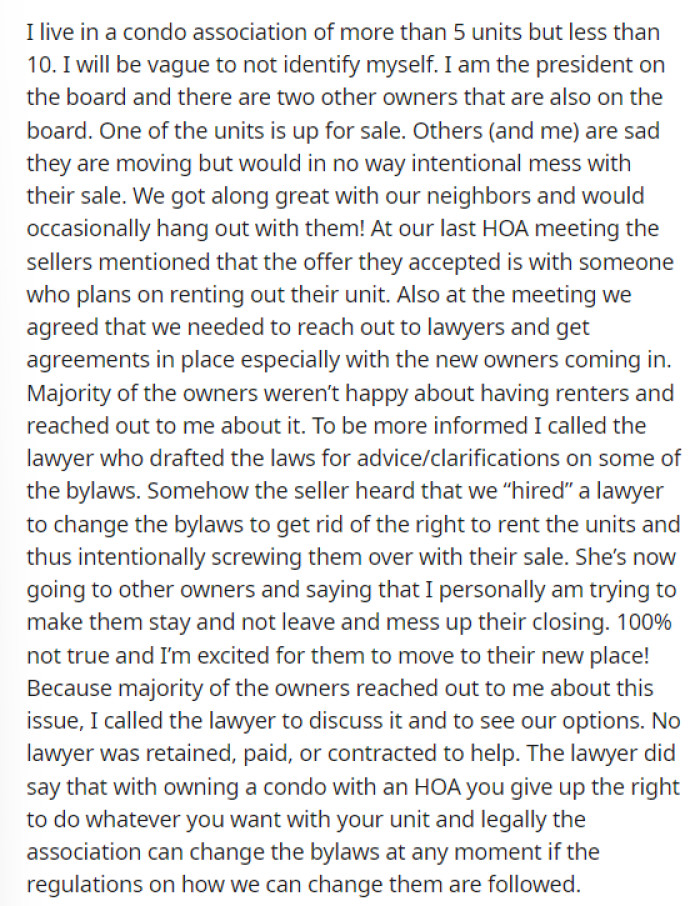 OP's post begins by explaining the broader situation and informing us that they are making changes to their HOA agreement.