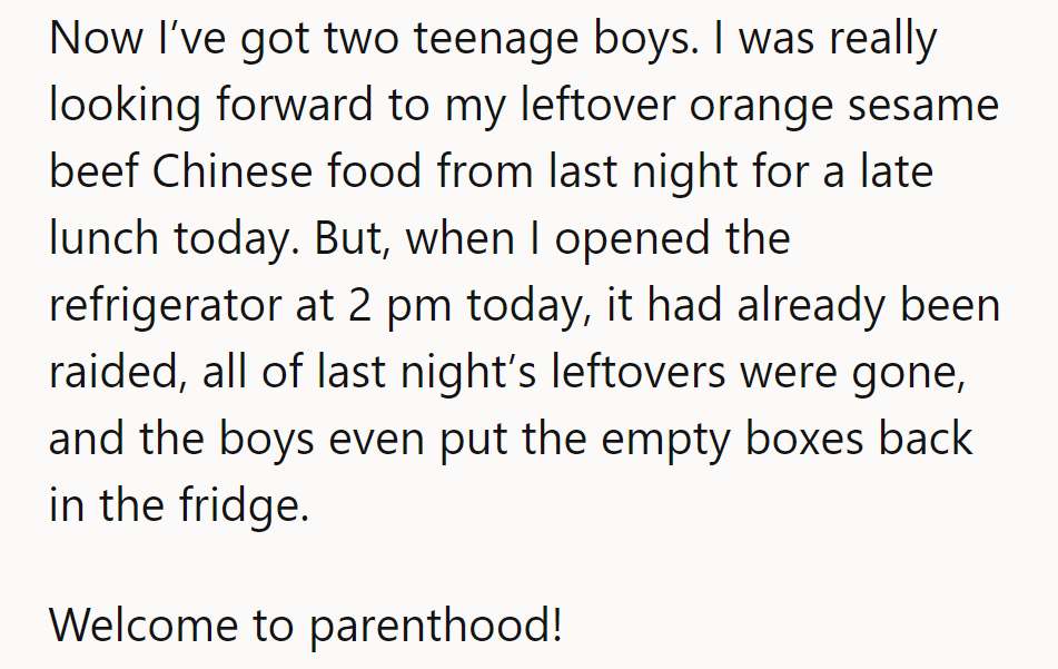 Leftovers vanished, boys victorious. Parenthood: where food's gone in a blink!