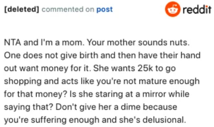 Parents should provide for their children, and the OP should cut contact with her mother.