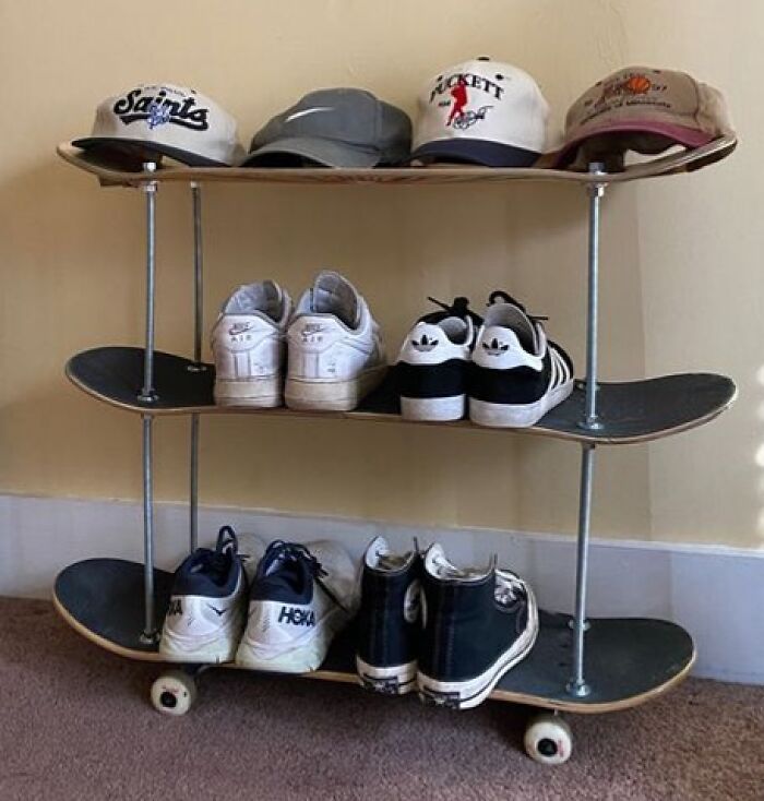 Use your old skateboards to make a shoe rack