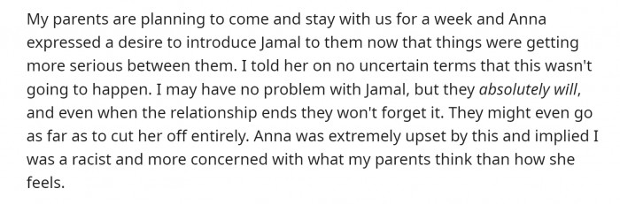 The OP stated that his parents were planning a trip to visit the family, and Anna was excited to introduce Jamal to her grandparents. However, the Redditor forbade his daughter from doing so.