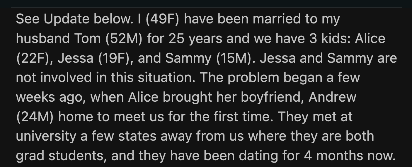 OP was afraid that Andrew would say something to Alice. She decided to get ahead of the issue and be honest with her husband.