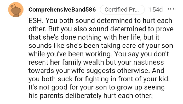 The OP says he doesn't resent the wife's family's wealth