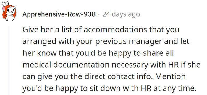 The OP should ask her about the HR contact info