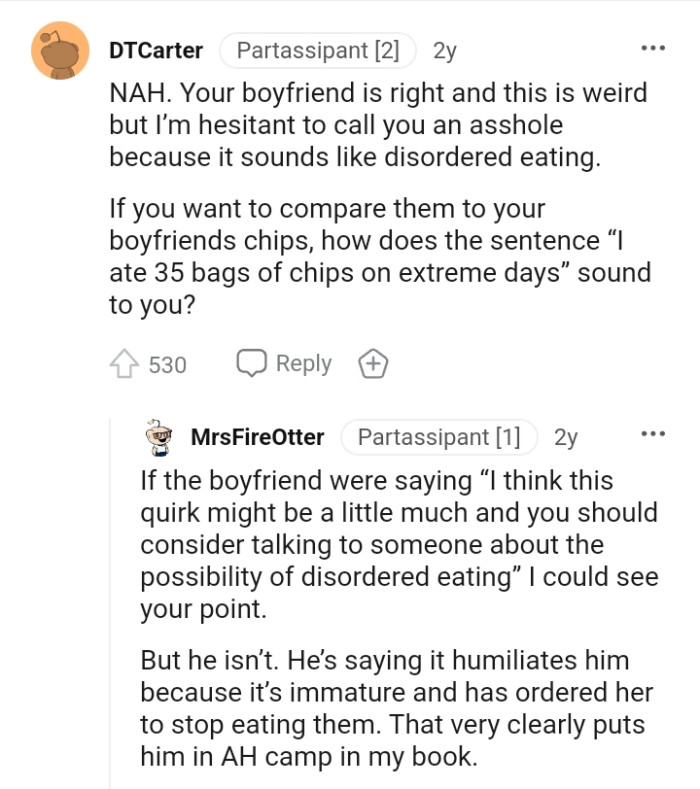 This Redditor is hesitant to call the OP an AH because her case might be disordered eating