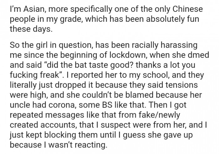 The OP reported her to my school, and they literally just dropped it